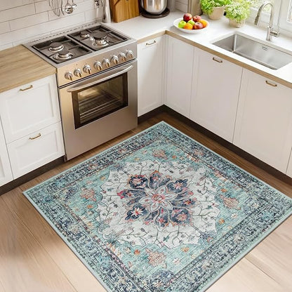 RELEANY Area Rugs Square 4ft Washable Non-Slip, Floral Vintage Distress by RELEANY