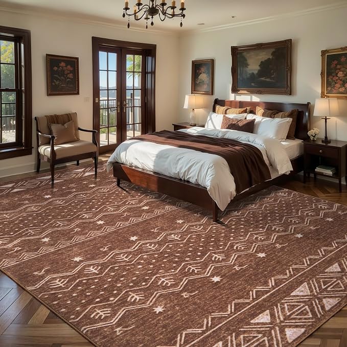 SERISSA 9x12 Area Rugs for Living Room, Washable Non-Slip Coffee Brown Boho Rug - Image 2
