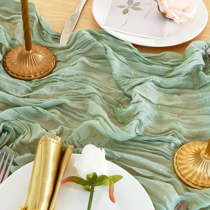 1 Pack Sage Green Cheesecloth Table Runner 120 Inch Boho Wedding Decor | - Image 5
