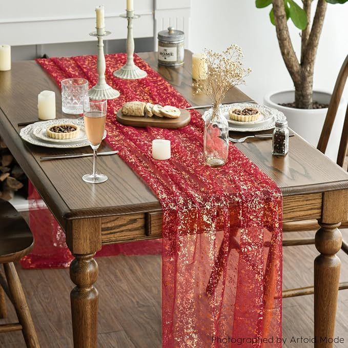 Artoid Mode 6PCS Red Gold Gauze Table Runner 120 Inch 10FT, Glitter Metallic - Image 3