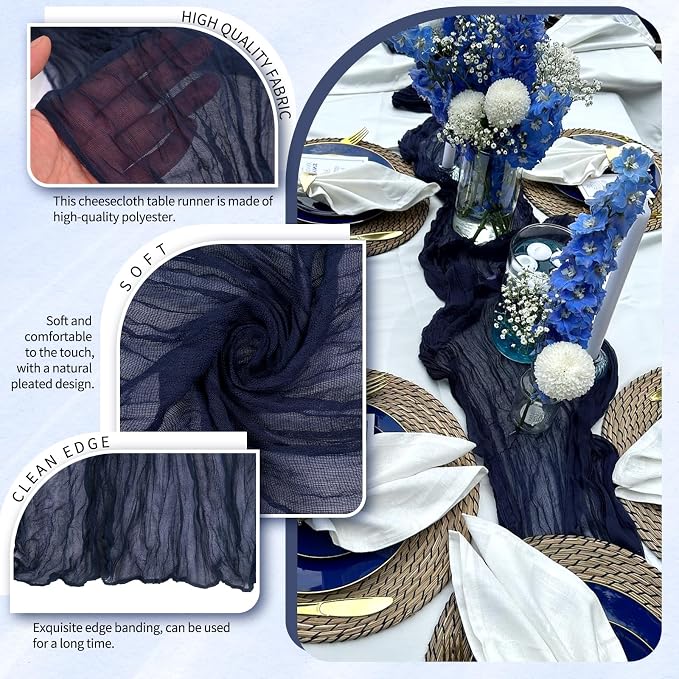 4 Pack Cheesecloth Table Runner 10FT Navy Blue Table Runner Boho Gauze Cheese - Image 3