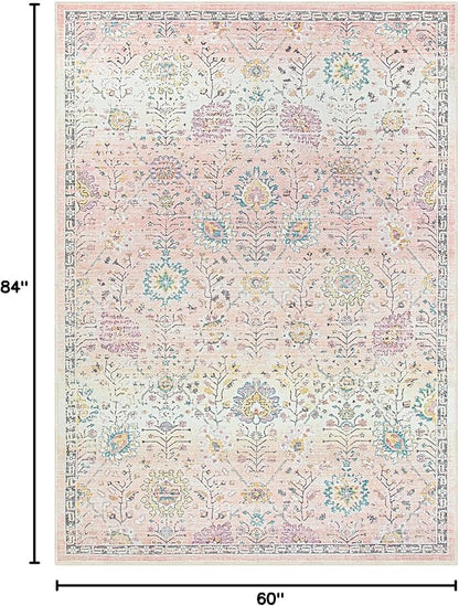 Lahome Pink Rug for Girls Bedroom 5x7, Soft Washable Floral Area Rug, Boho Non - Image 2