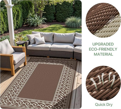 GENIMO Outdoor Rug Waterproof for Patio, Outside Area Mat for Rv, Coffee & Beige - Image 7