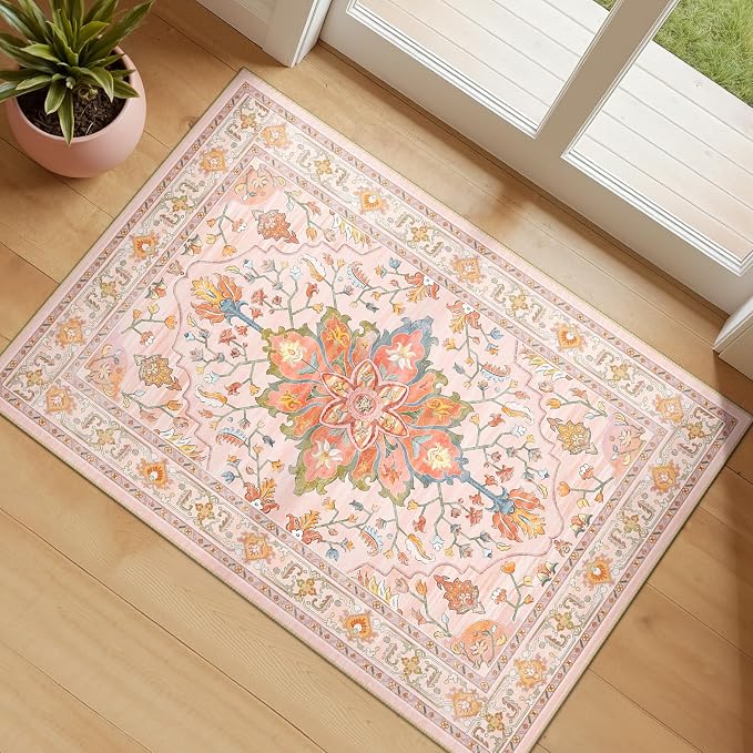 RELEANY Area Rugs Small 2'x3' Washable Non-Slip, Floral Vintage Distress by RELEANY