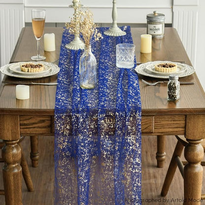 Artoid Mode 10PCS Blue Gold Gauze Table Runner 120 Inch 10FT, Glitter Metallic - Image 2