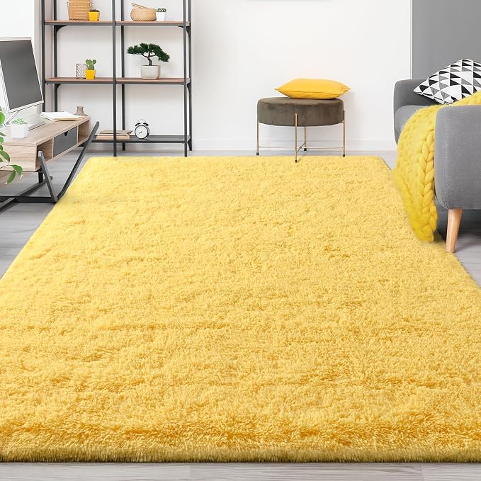 FlyDOIT Large Area Rugs for Living Room, 5x8 Feet Yellow Shaggy Rug Fluffy - Image 8