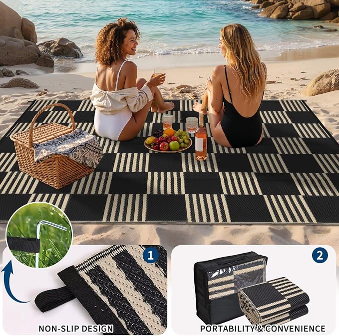 Garvee Waterproof Outdoor Rug 8x10, Checkered Foldable Plastic Straw Patio - Image 2
