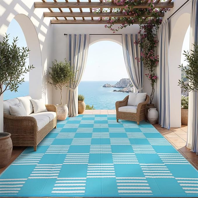 Garvee Waterproof Outdoor Rug 9x12, Checkered Foldable Plastic Straw Patio by Garvee