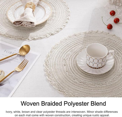SHACOS Boho Round Placemats Set of 8 Braided Border Round Place Mats 15 inch - Image 3