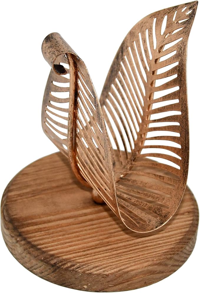OwlGift Freestanding Modern Napkin Holder w/Bronze Metal Leaf & Brown Wooden - Image 8