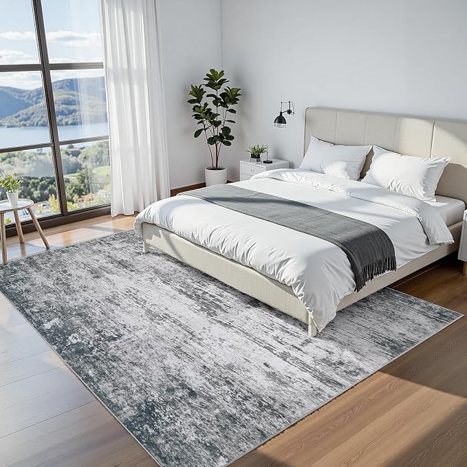 Area Rug 9x12 Living Room Rug Washable: No-Slip Abstract Soft Thin Large Gray - Image 3