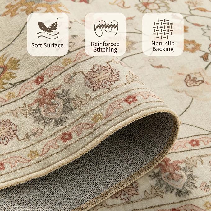 Rugxara Floral Rug for Living Room Bedroom, 5x7 Washable Rug, Vintage Boho Area - Image 4