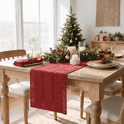 Artoid Mode Rose Red Woven Farmhouse Hollow Table Runner 12x36 Inch | Holiday - Image 6