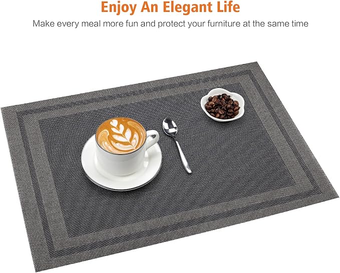 Placemats Set of 8, Vinyl Woven Black Non Slip Table Mats | Heat Resistant - Image 6