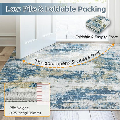 Area Rug 10x12 Living Room Rug Washable: No-Slip Abstract Soft Thin Large Blue - Image 7