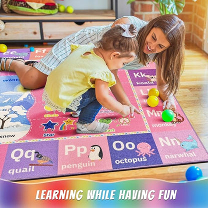 Macgace ABC Kids Rug for Playroom, 5x7 Pink Purple Washable Classroom Area Rugs - Image 2