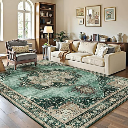 Lofus 5x7 Emerald Green Washable Rugs Non-Slip, Vintage Floral Area Rug - Image 2