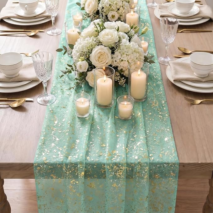 Artoid Mode 6Pcs Turquoise Gauze Gold Table Runner 10FT, Glitter Metallic Foil - Image 5