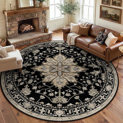 RELEANY Area Rugs Round 8ft Washable Non-Slip, Floral Vintage Distress by RELEANY