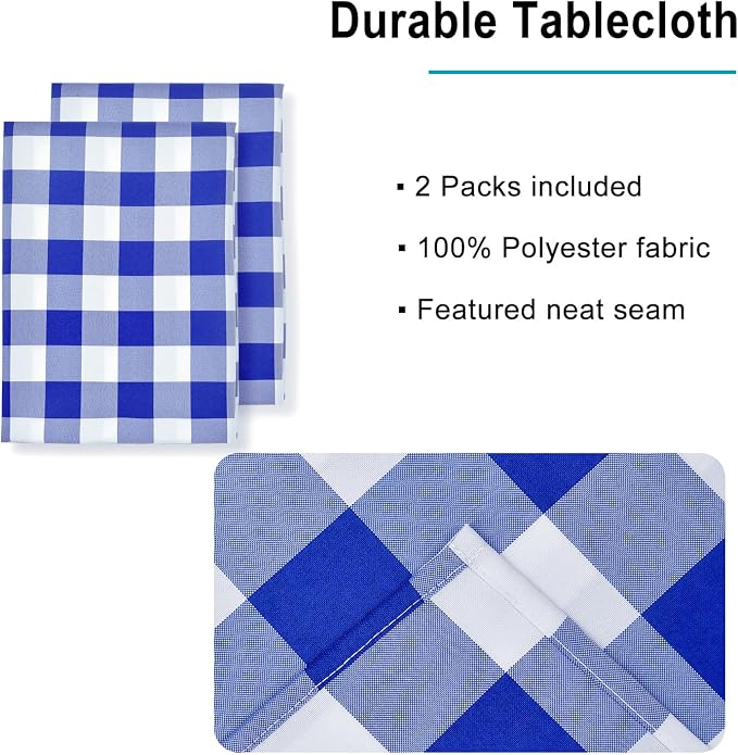 Checkered Tablecloth 2 Pack, 60 x 102 inch, Royal Blue and White | Waterproof - Image 3
