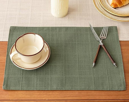 Linen Checked Placemats Set of 4, Sage Green Place Mats 12x18 Inch | Raised by Aoztio