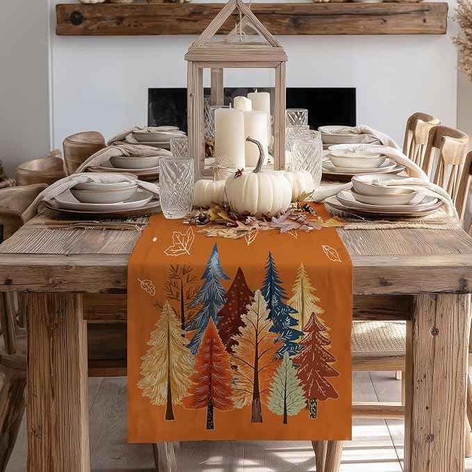 Fall Watercolor Trees & Maple Leaves Table Runner 13x90 Inch, Rustic Farmhouse - Image 5