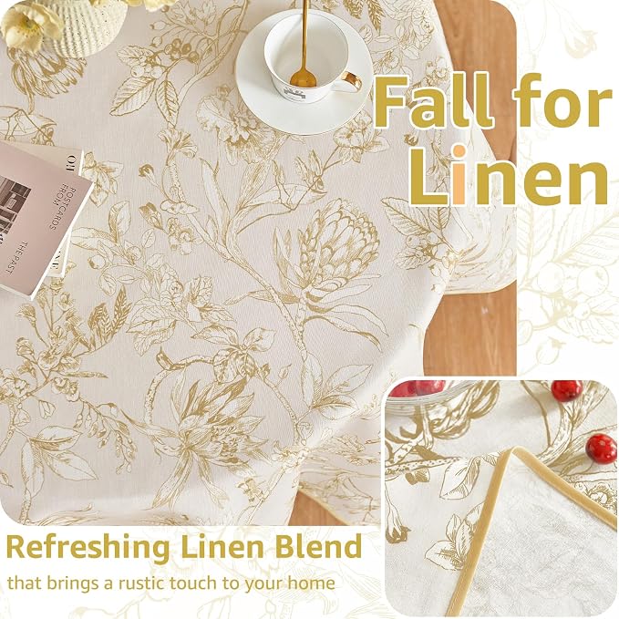 jinchan Yellow Floral Linen Rectangle Table Cloth 50 x 84 Inch | Elegant floral - Image 4