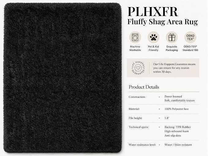 Area Rug for Living Room Bedroom: 9x12 Black Soft Fluffy Shag Upgrade Non-Slip - Image 4