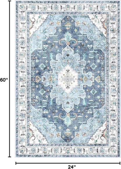 SERISSA Boho Washable Runner Rug, 2x5 Rug Non-Slip Vintage Blue Hallway Kitchen - Image 2