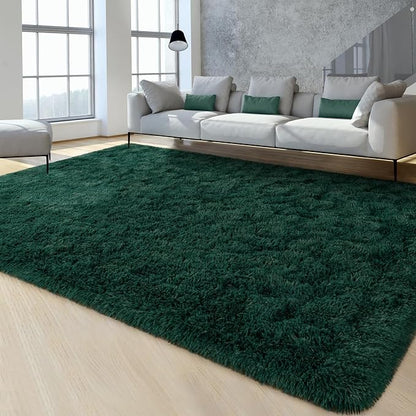 FlyDOIT Large Area Rugs for Living Room, 5x8 Feet Deep-Green Shaggy Rug Fluffy - Image 2