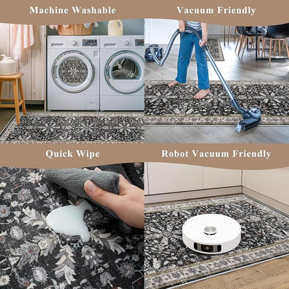 3x4 Entryway Rug Washable Non-Slip–Boho Floral Stain-Resistant Small Area Rug - Image 7