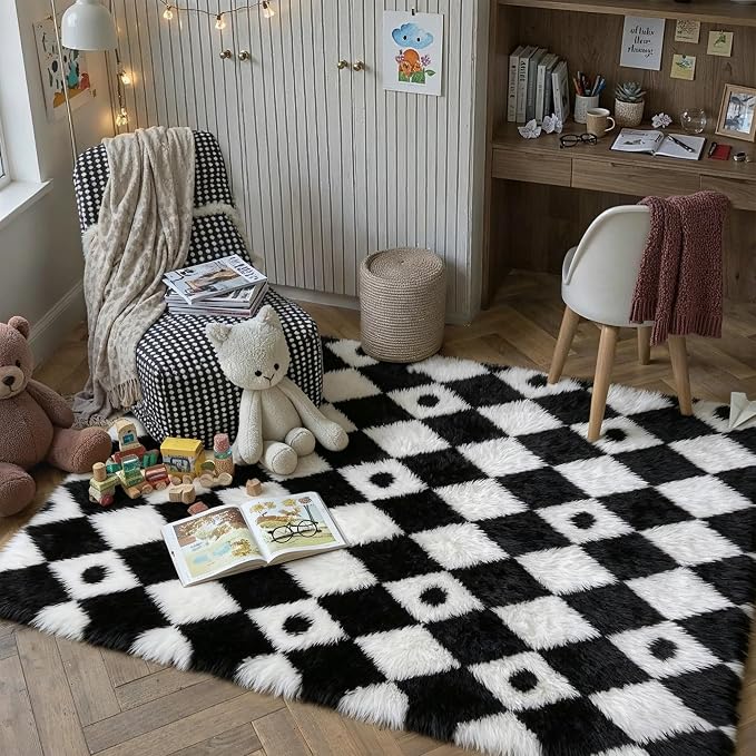 PureCozy Checkered Rug 5x8 Fluffy Shag Living Room Black and White Area Rug - Image 3