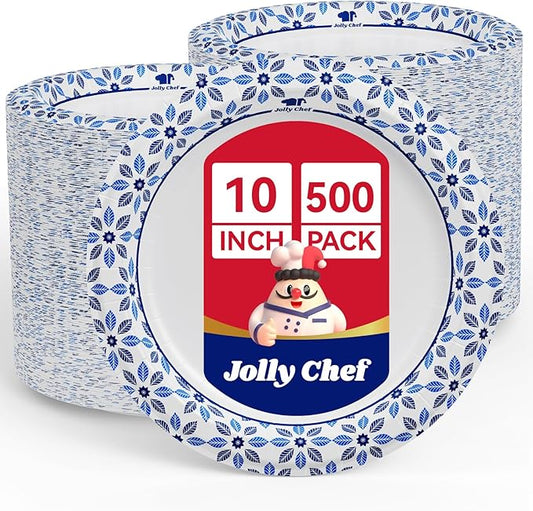 10 inch Disposable Paper Plates 500 Count | Soak Proof, Cut Proof, Heavy Duty by JOLLYCHEF