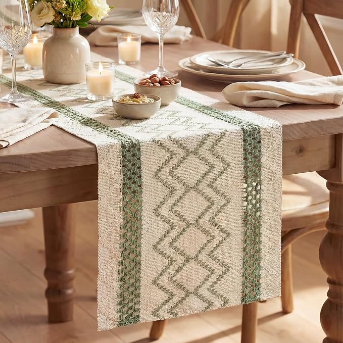 Artoid Mode Sage Green Stripe Diamond Woven Table Runner 12x90 Inch | Holiday by ArtoidMode