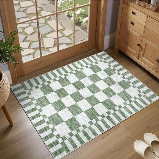GarveeHome Sage Green Checkered Rug 2x3 Washable Rug Non-Slip by GarveeHome