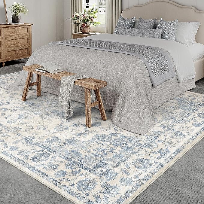 10x14 Neutral Area Rug Blue Vintage Living Room Bedroom Washable Carpet - Image 2