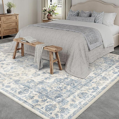 10x14 Neutral Area Rug Blue Vintage Living Room Bedroom Washable Carpet - Image 2