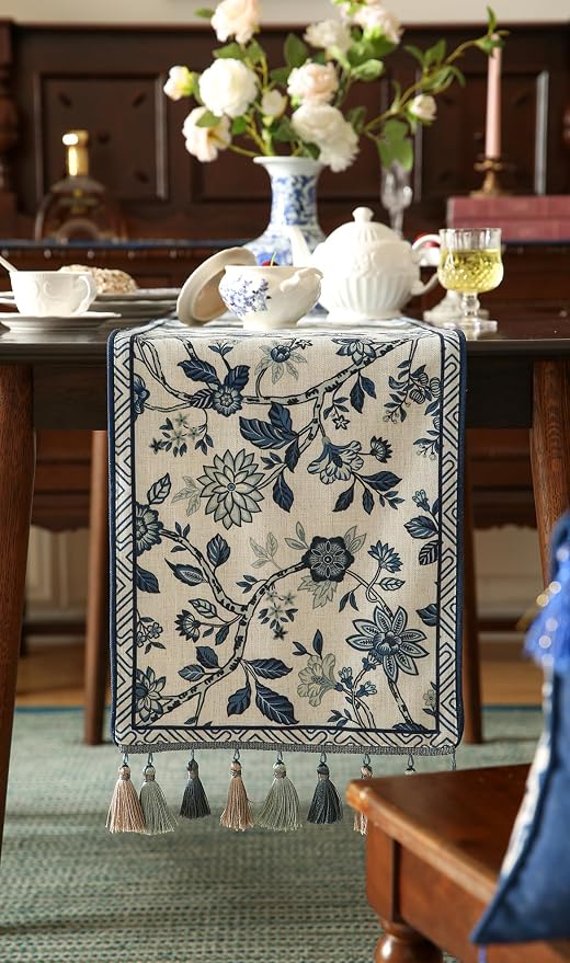 bilin gaier Designer French Linen Long Table Runner, Floral Pattern, Dining - Image 8