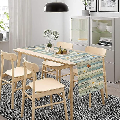 Daisy Floral Table Runner, Spring Summer Floral Flower Blue Wooden Boards Boho - Image 3