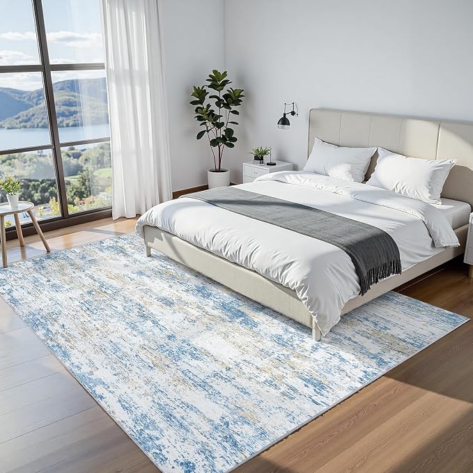 Area Rug 8x10 Living Room Rug Washable: No-Slip Abstract Soft Thin Large Blue - Image 4