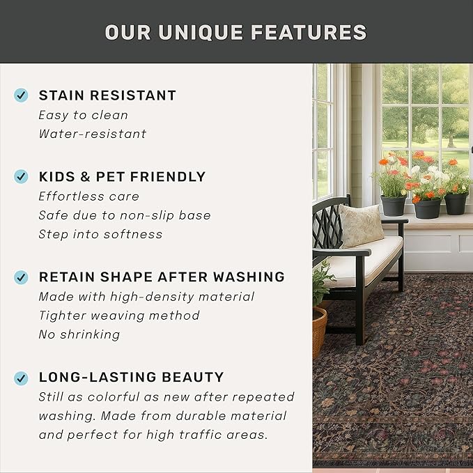 Vintage Dark Brown Living Room Rug, 7x10 Washable Area Rugs - Image 6