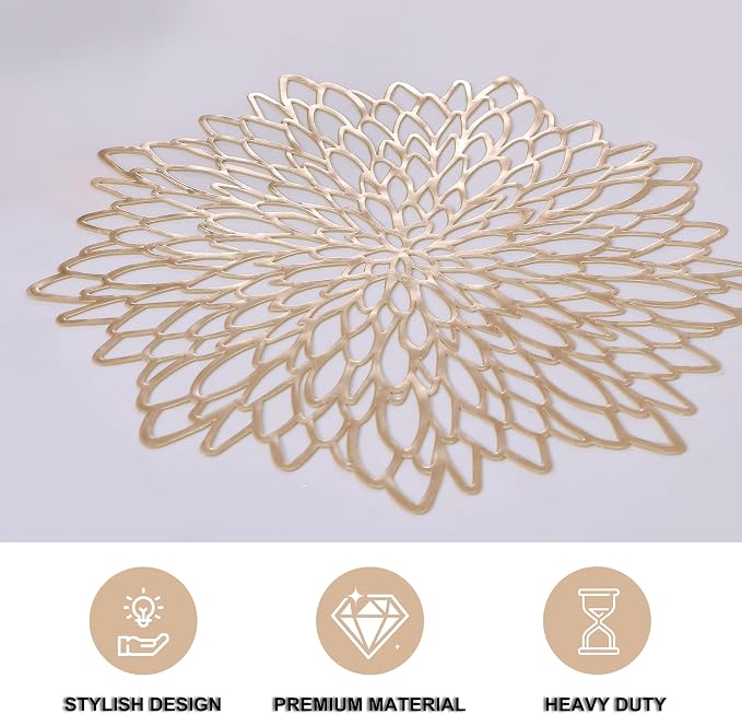 Snowkingdom 6 Pack Gold Placemats Metallic Pressed Vinyl Round Leaf Plastic - Image 3