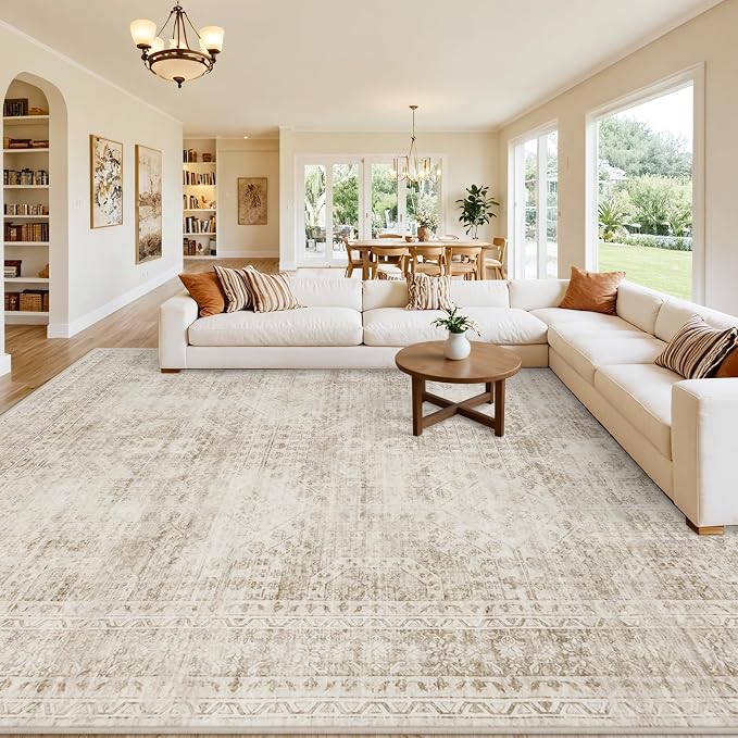 Area Rugs 9x12 Living Room: Vintage Boho Neutral Washable Rug Indoor Soft Large by Luxturiy