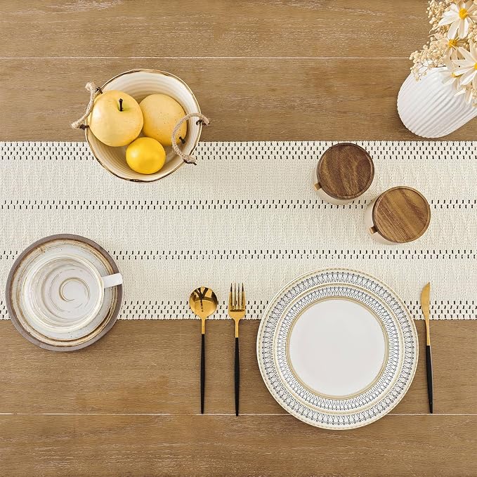 Macrame Style Boho Table Runner, 12x72 Inch Ivory | Woven Boho Table Runner - Image 4