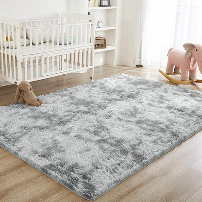 Litanika 9x12 Shag Area Rug for Living Room Bedroom, Tie-Dyed Light Grey High - Image 3