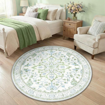 RELEANY Area Rugs Round 4ft Washable Non-Slip, Floral Vintage Distress by RELEANY