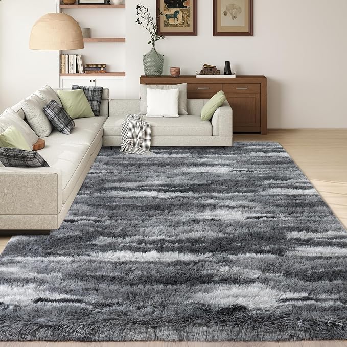 Shag Rugs for Living Room 9x12, Ultra Soft Abstract Grey Big Fuzzy Rugs for by Ailyei