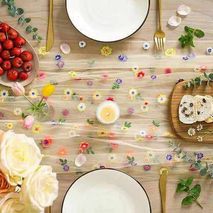 Artoid Mode 3PCS Champagne Embroidery Daisy Gauze Table Runner 120Inch 10FT | - Image 2