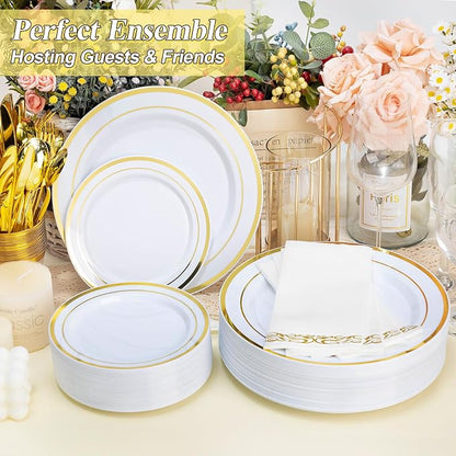 BESTSTAR 200PCS Gold Plastic Plates White and Gold Disposable Plates | 100 - Image 3