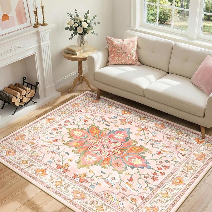 RELEANY Area Rugs 4'x6' Washable Non-Slip, Floral Vintage Distress Medallion by RELEANY